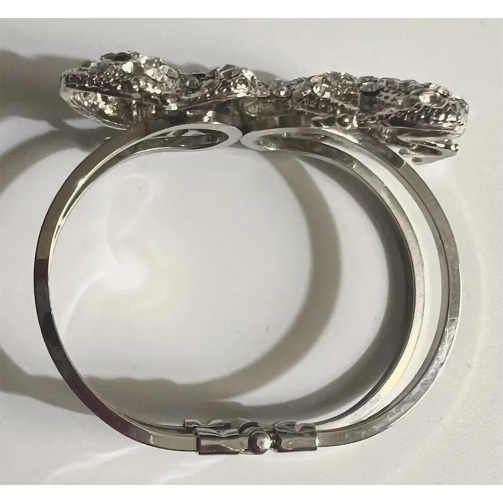 Rhinestone Gecko Lizard Hinged Cuff Bracelet Silver Tone Clear Crystal